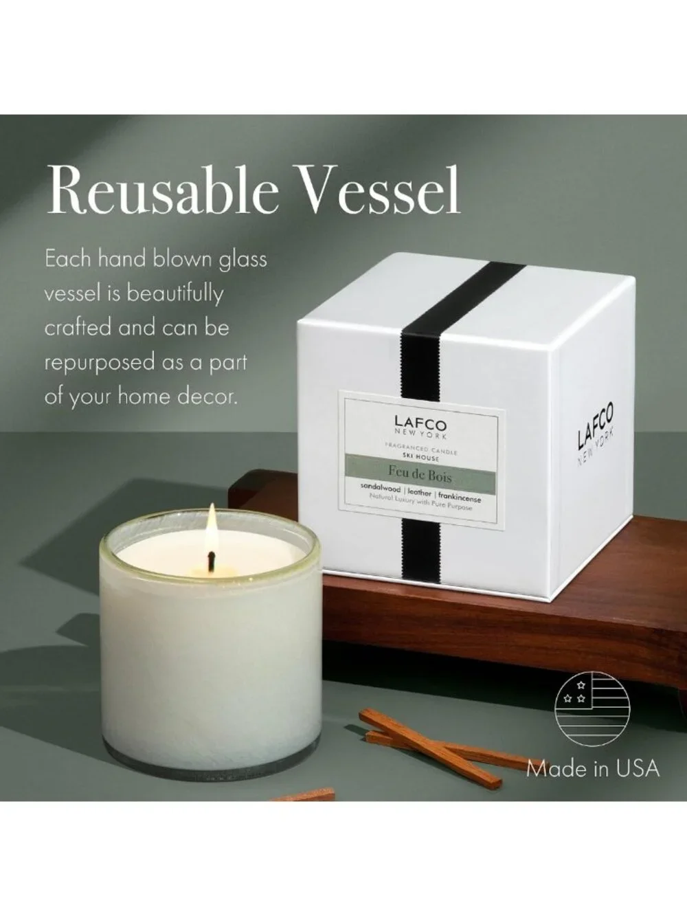 Classic Feu de Bois Candle - 6.5 oz, 50-Hour Burn, Reusable Glass Vessel, USA